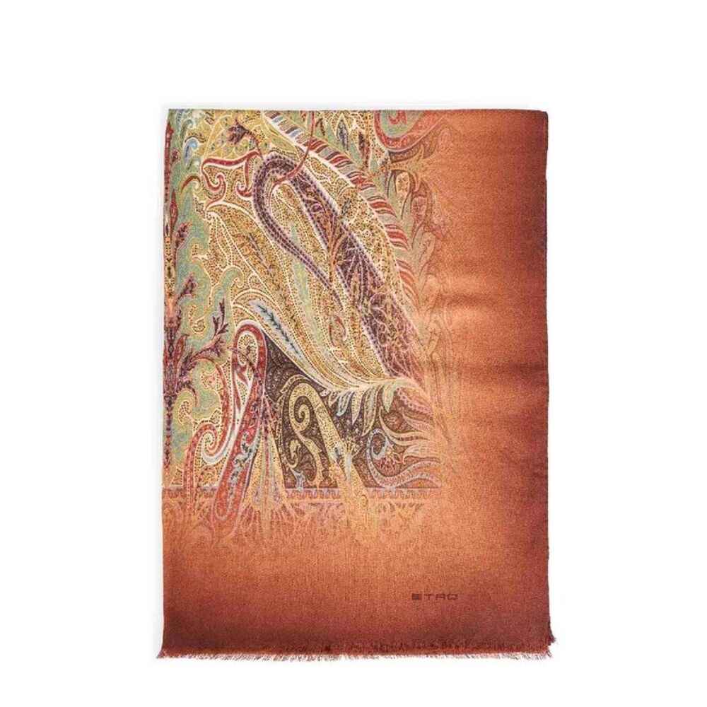 Etro Men Brown Wool Printed Scarf With Paisley Pattern